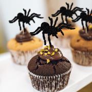12Pcs spider cupcake hat, black glitter spider cake decorations, Halloween theme party decorations.