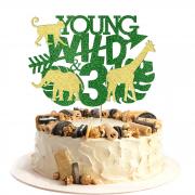 Young Wild & Three Cake Topper, Happy 3rd Birthday Cake Topper, Safari Jungle Animal Three Years Old Birthday Party Decorations, Kids 3rd Birthday Party Cake Decorations Green & Gold Glitter